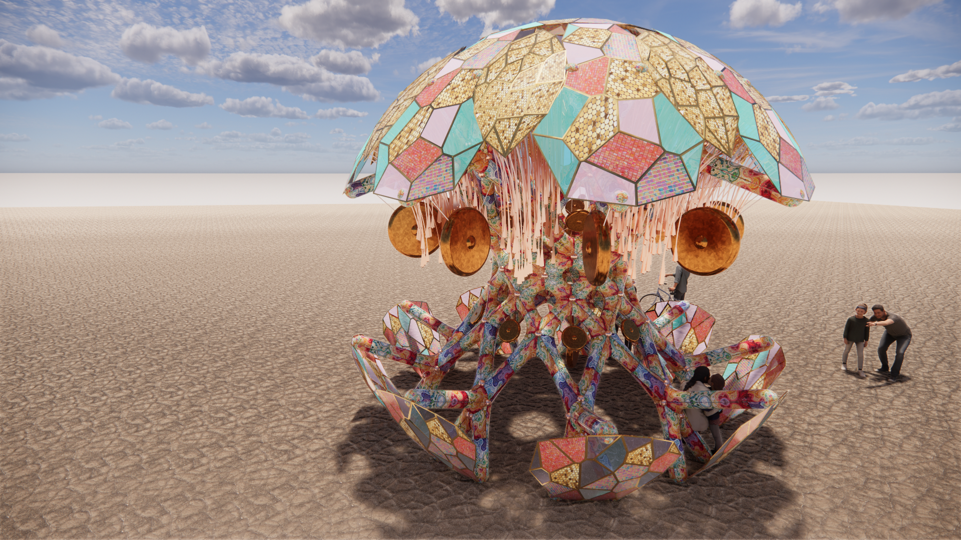 A large, colorful sculpture of a crab with a canopy reminiscent of a parasol, situated on a barren, cracked desert landscape under a partly cloudy sky. There are three people near the sculpture, including one adult and two children, observing or taki