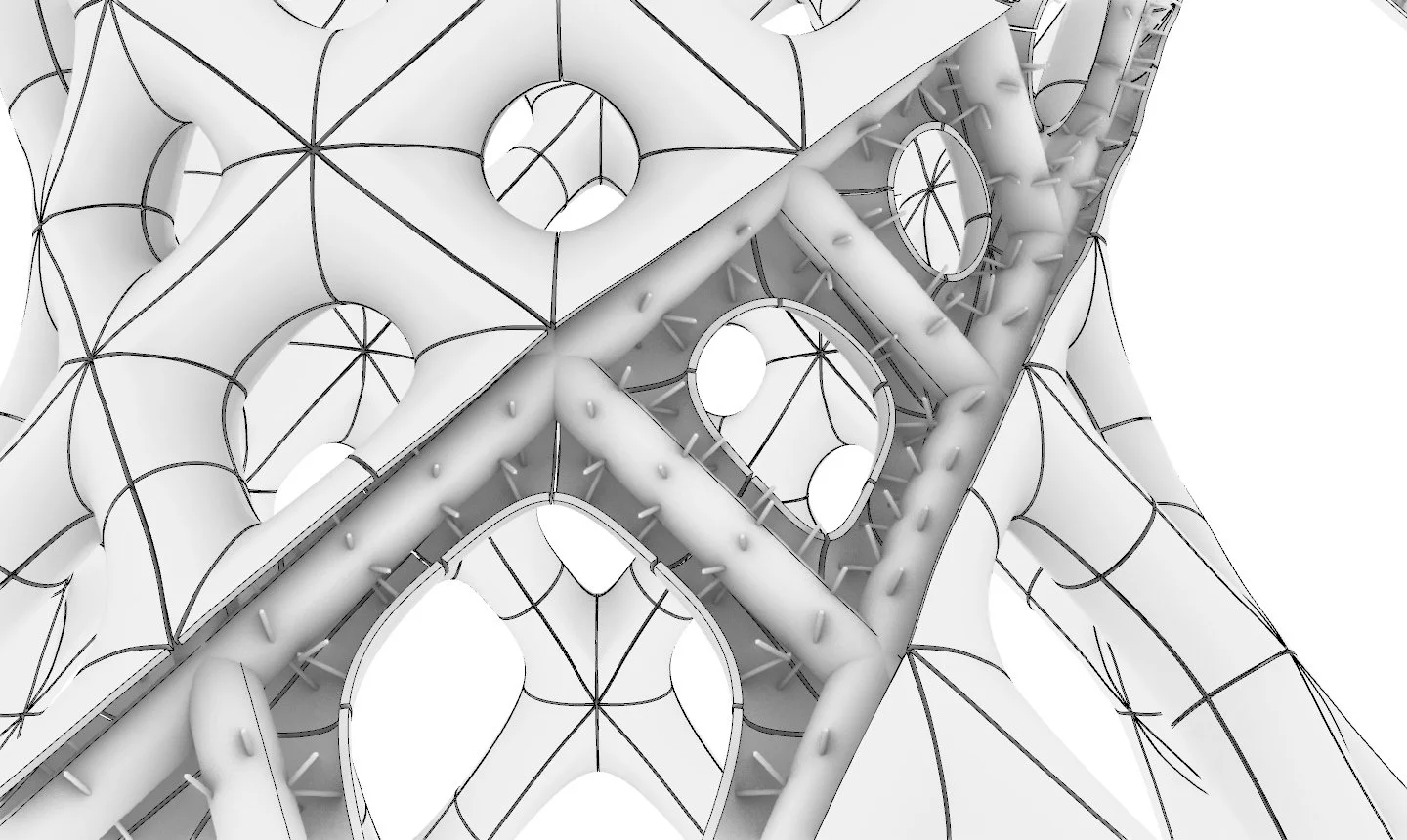 A close-up view of a modern architectural structure with interconnected, curved, white panels supported by a network of black lines and fasteners, featuring circular openings and irregular geometric shapes.