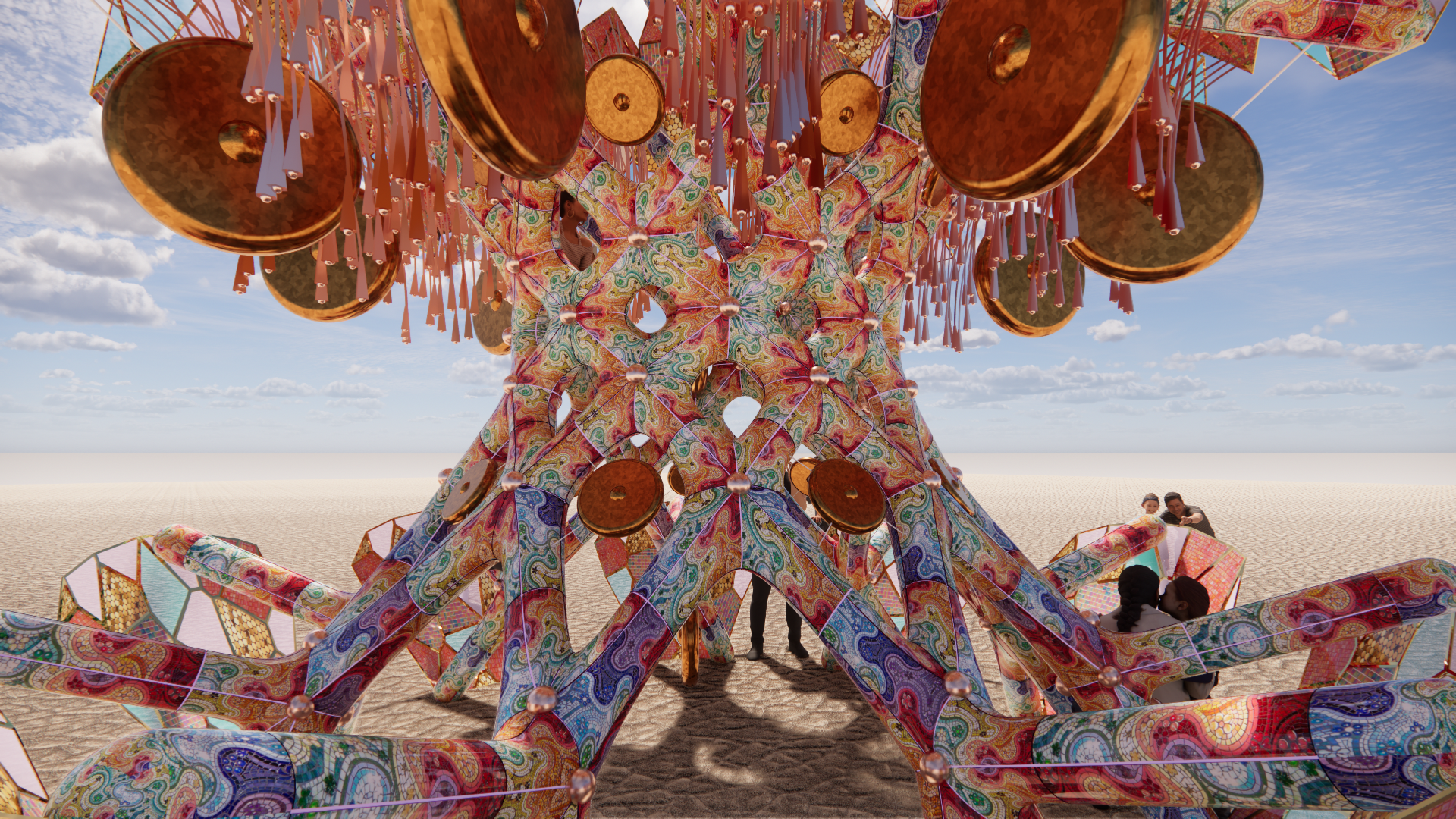 A colorful, intricate, large sculpture resembling a sci-fi or fantasy vehicle or creature, with people standing underneath on a flat, open, desert-like landscape. The sculpture is decorated with vibrant patterns, orange and metallic elements, and is 