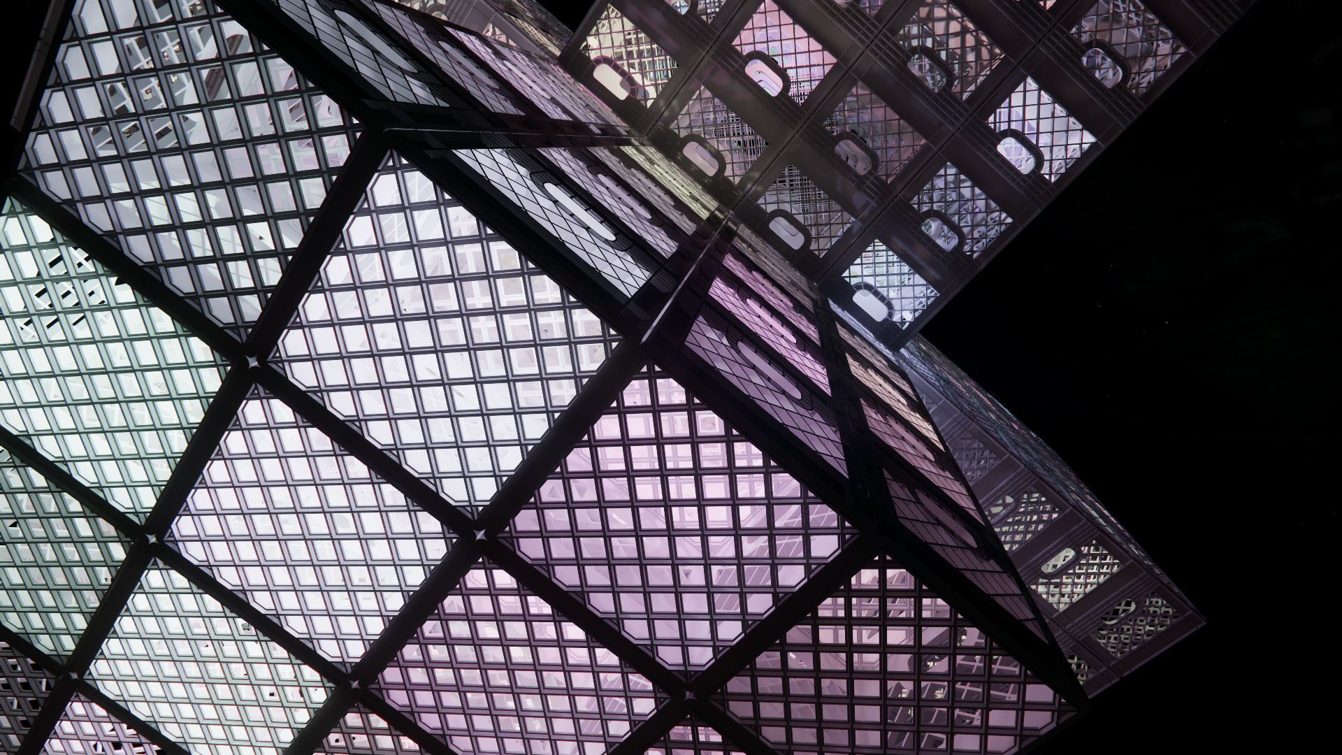 A close-up view of a modern glass building with black structural supports, reflecting colorful lights in purple and white, against a background of outer space with stars visible.