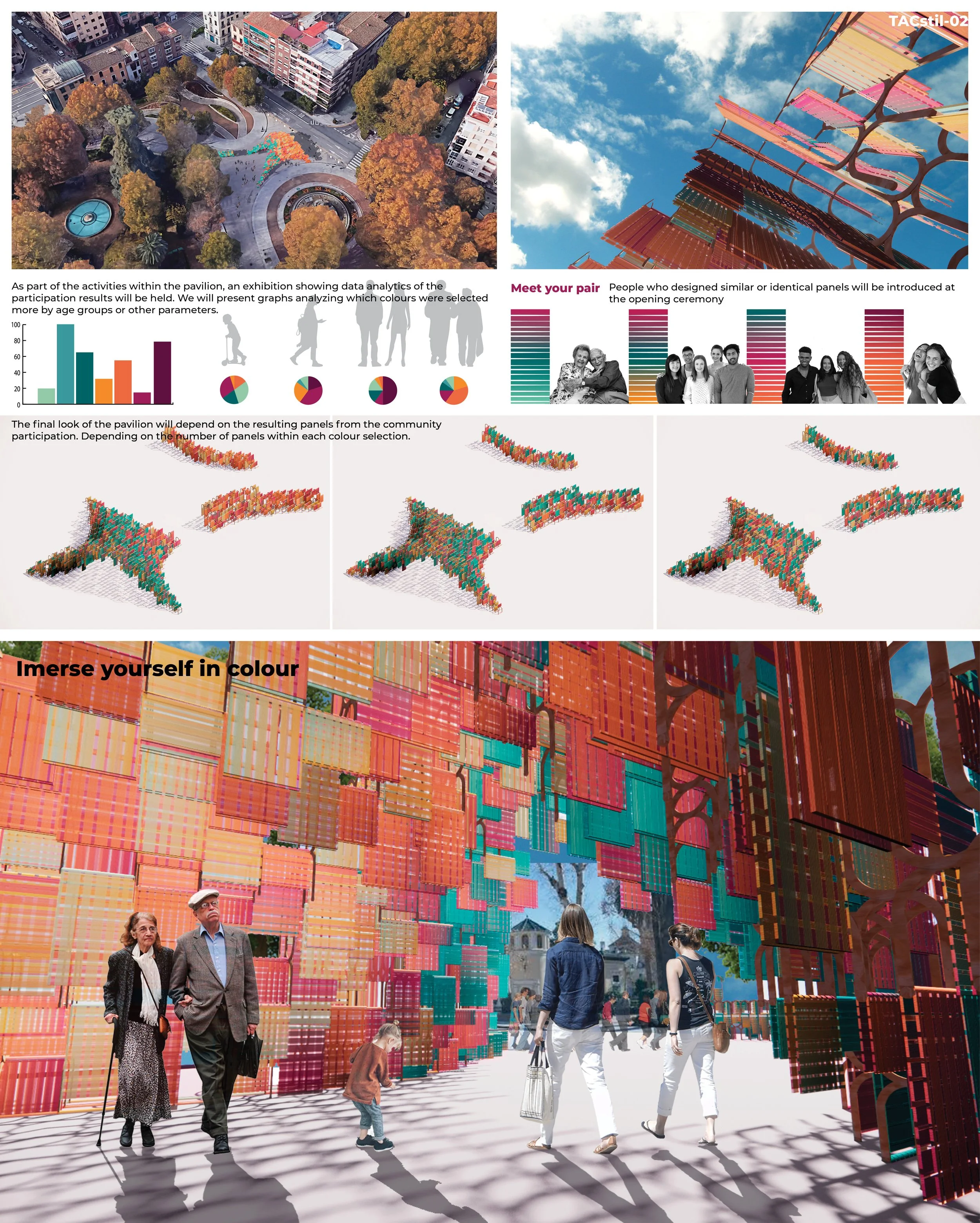 People walking under an outdoor art installation made of colorful panels, with shadows cast on the ground, in a city setting with buildings and trees.
