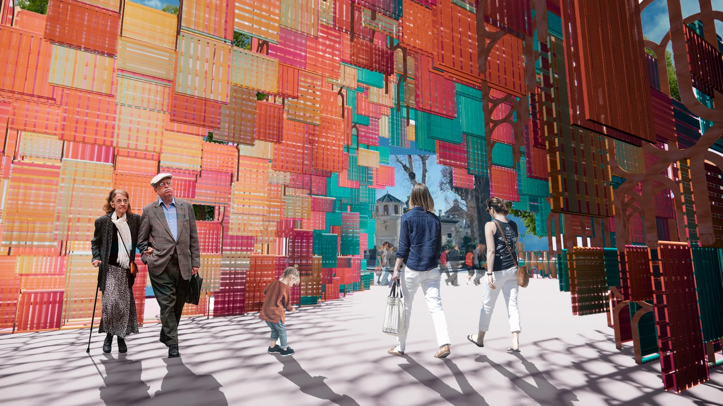 People walking and observing colorful hanging art installation made of painted wooden slats during daytime.