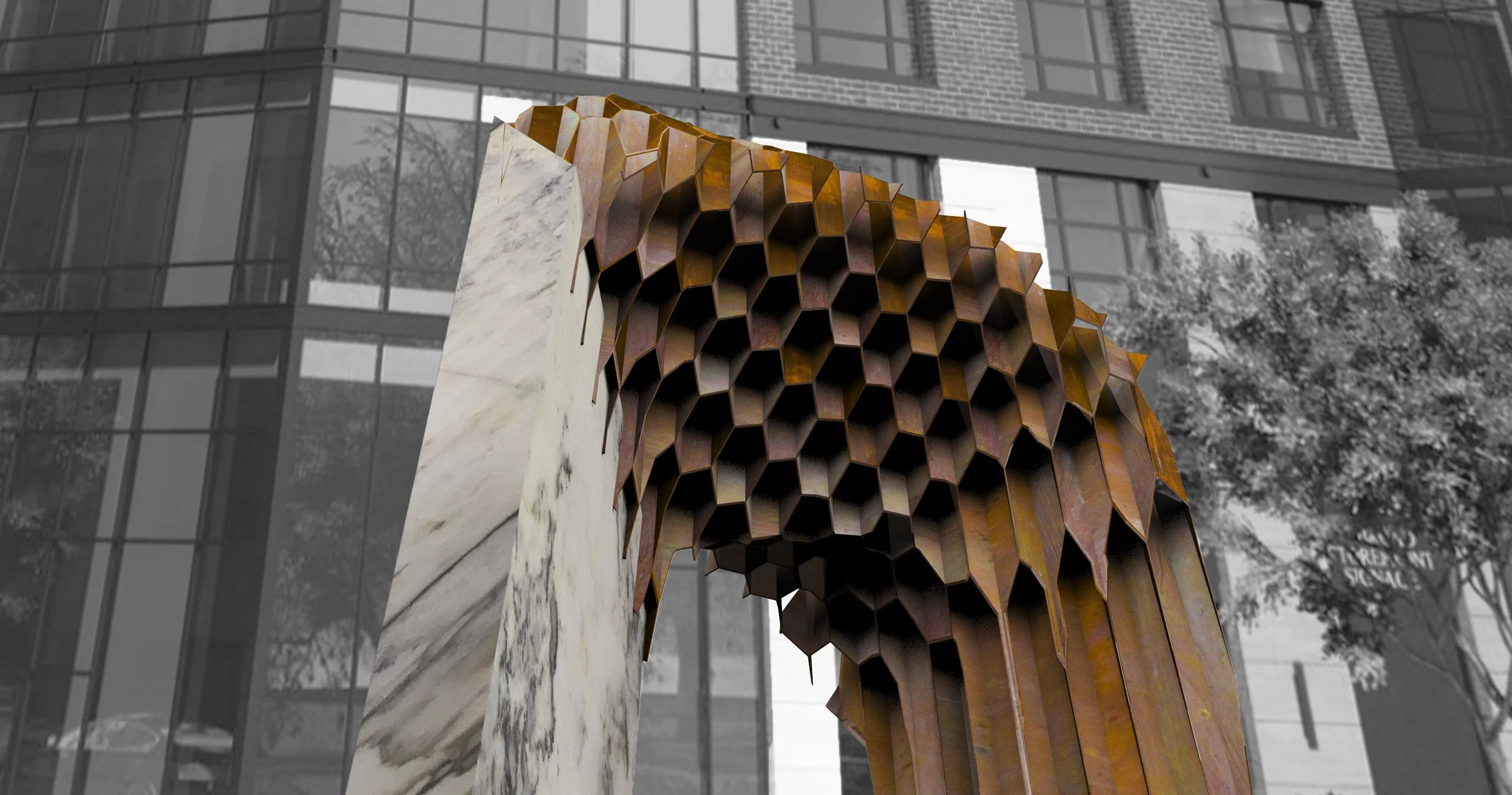 Sculpture with honeycomb pattern made of metal, mounted on a white marble pedestal, in front of a modern glass building.