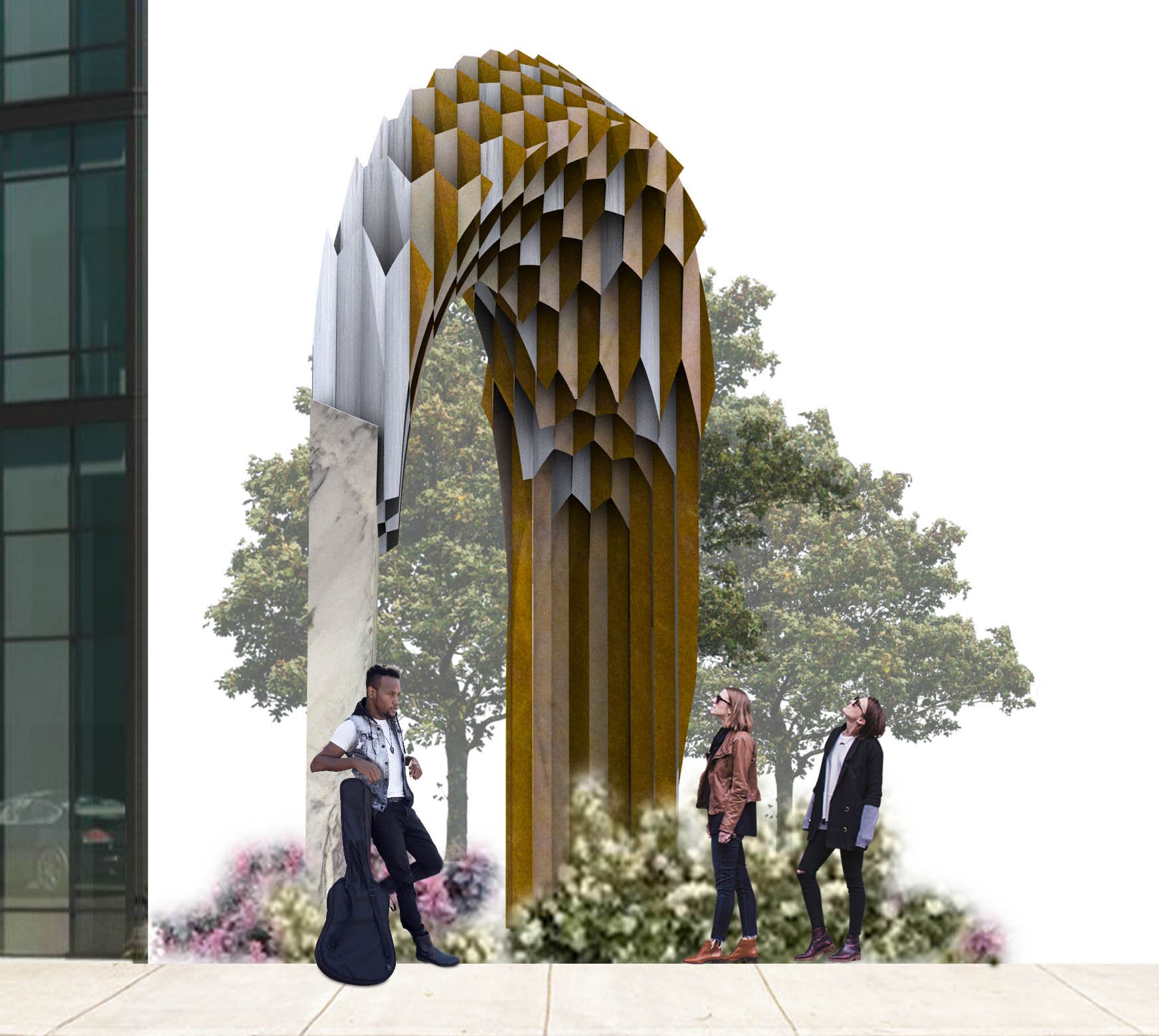 Public art sculpture with geometric wooden panels, located outdoors on a patio area with people walking nearby, trees in the background.