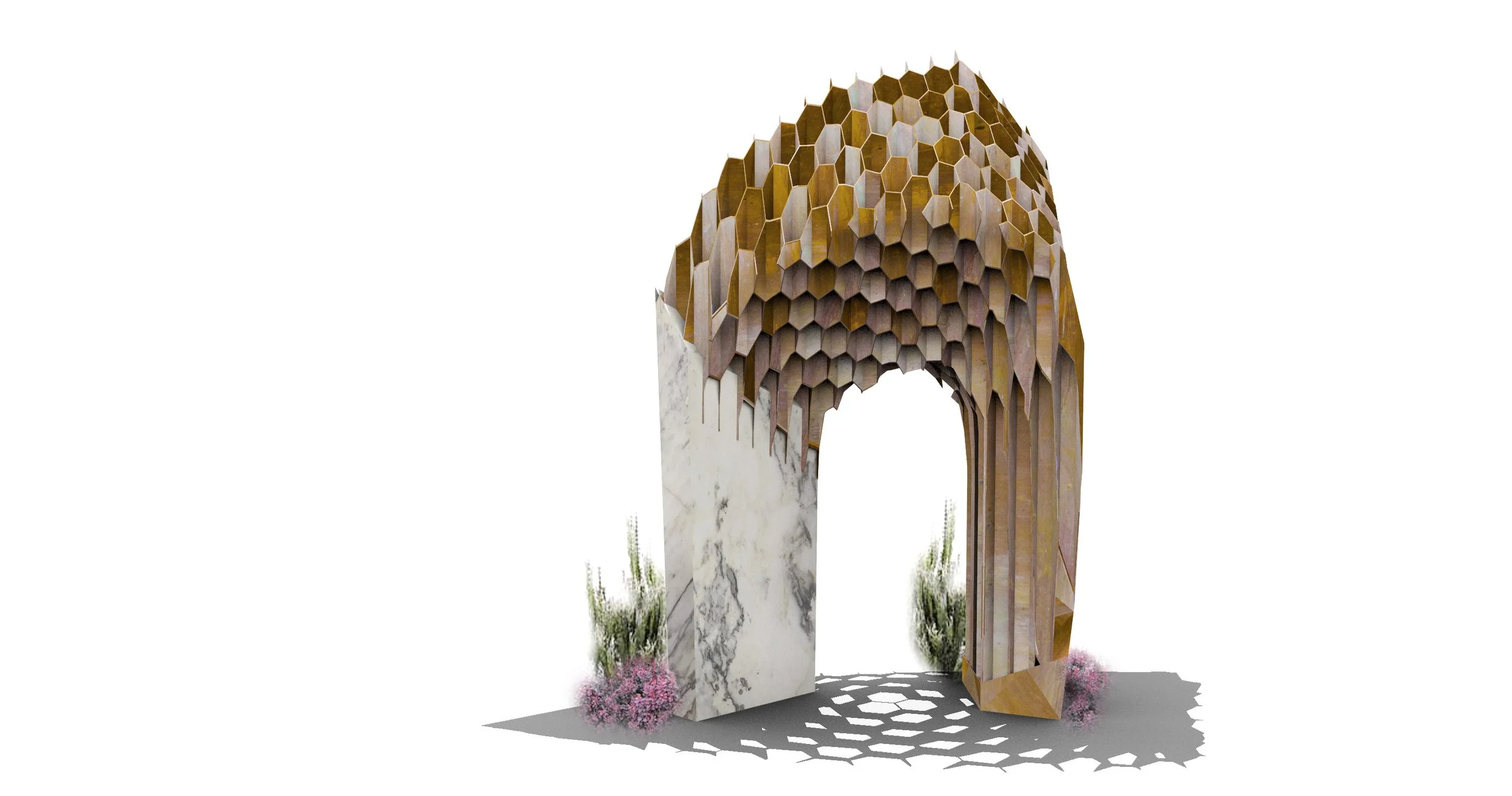 Architectural structure with honeycomb-shaped wooden panels and marble base, decorated with pink flowers.