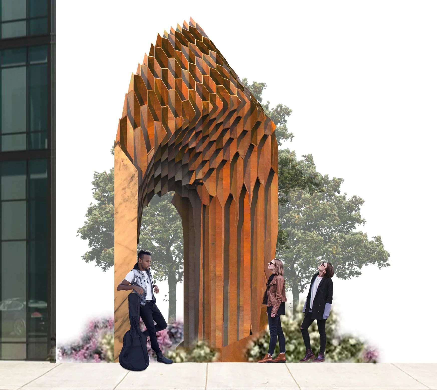 Three people talking near a large, decorative wooden arch outdoors, with trees and a building nearby.