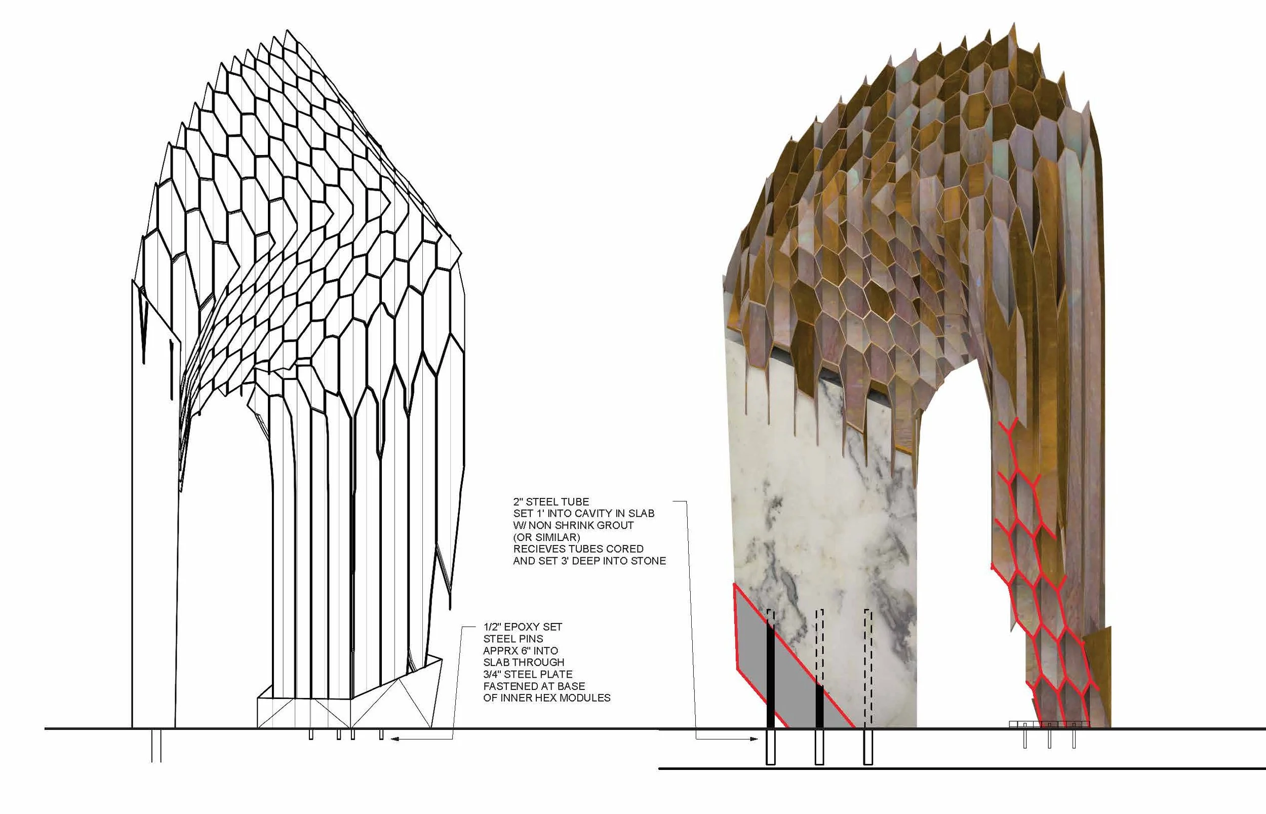 Diagram showing the design and construction of a honeycomb-like structure using steel tubes and modules, including technical annotations and measurements.