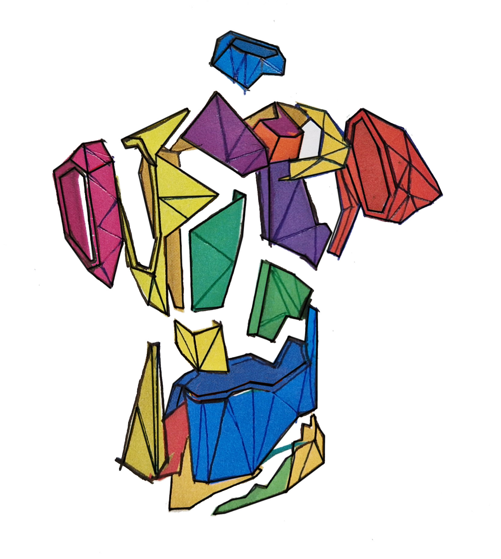 Colorful geometric paper craft of a dog with blue, purple, red, yellow, green, and orange shapes outlined in black.
