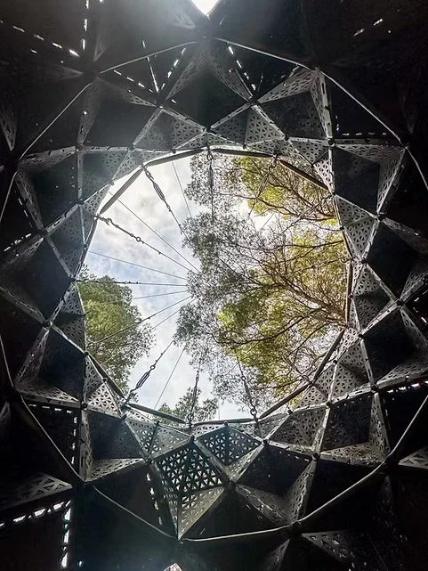 Looking up through the opening of a steel fire lookout tower, with trees visible against the sky.