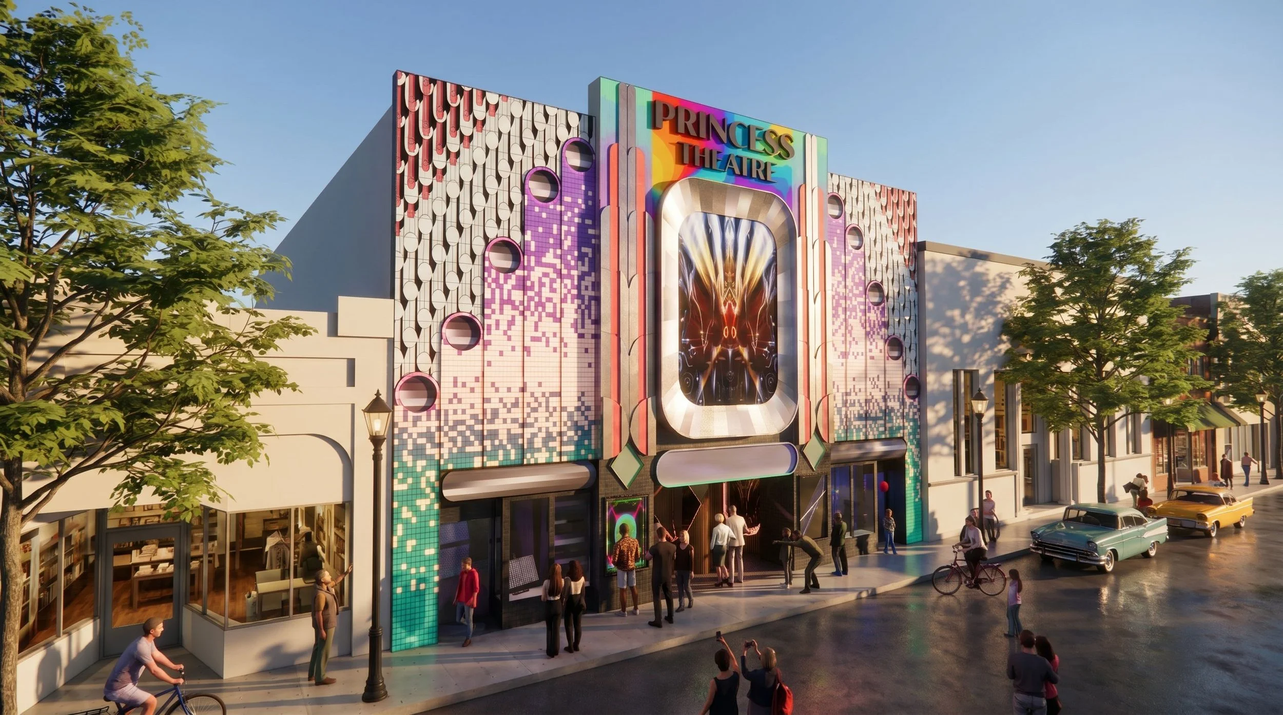 A colorful building with the sign 'Princess Theatre' on top, featuring modern design elements and a digital screen at the entrance. People are walking, biking, and cars are parked along the street. Trees line the sidewalk and the sky is clear.