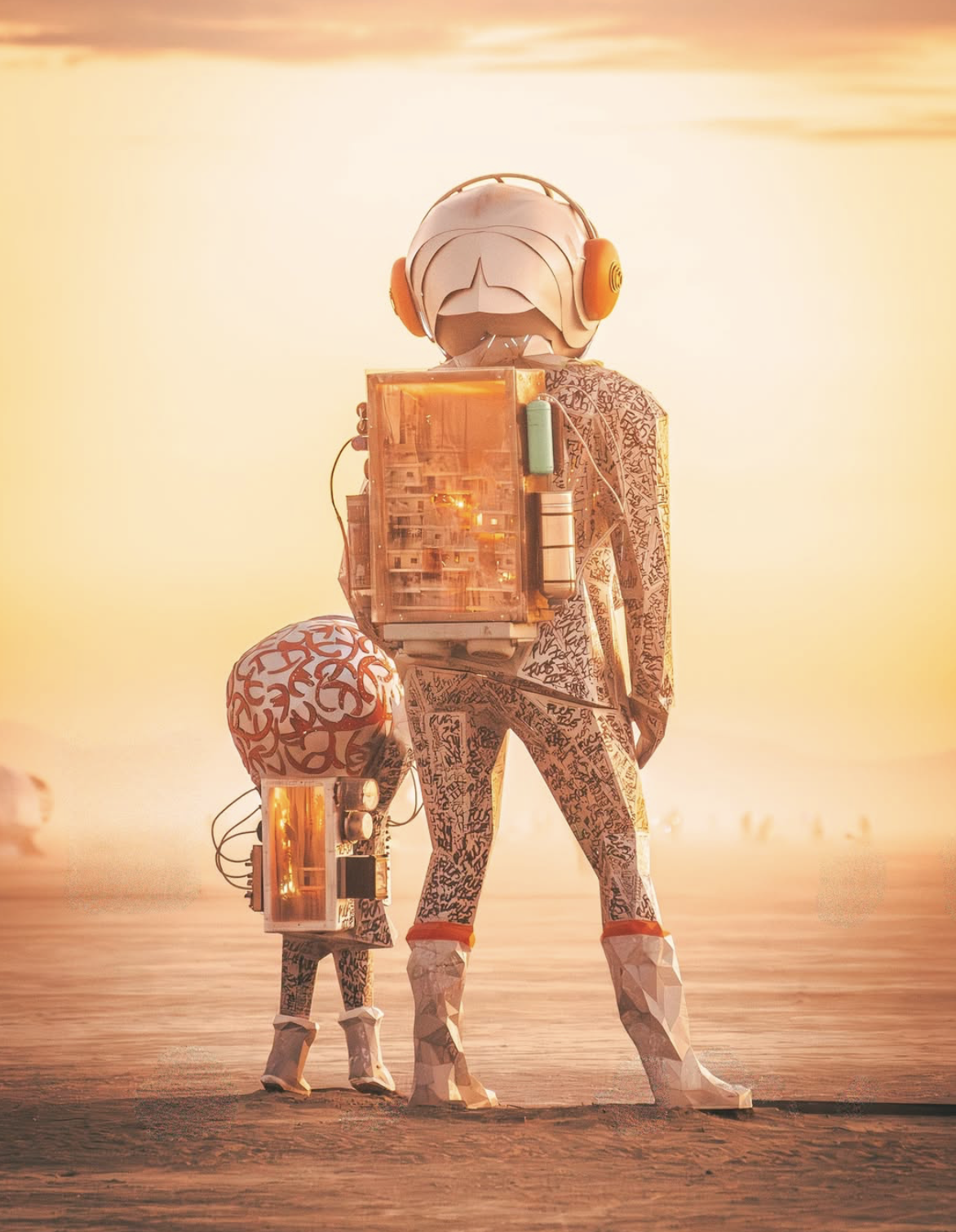Two humanoid robots dressed in patterned suits, one holding a geometric sphere, standing on a desert at sunset with a large electronic device on his back.