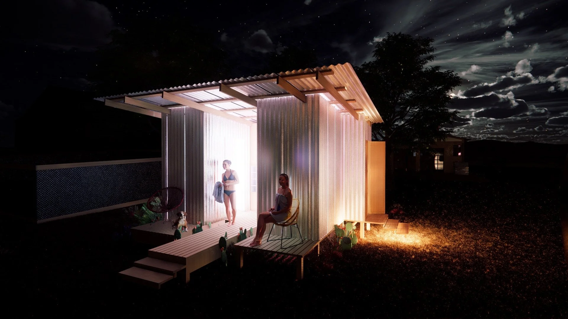 Nighttime scene of a small modern house with two women and a dog on the porch, illuminated from inside, with a starry sky and clouds overhead.