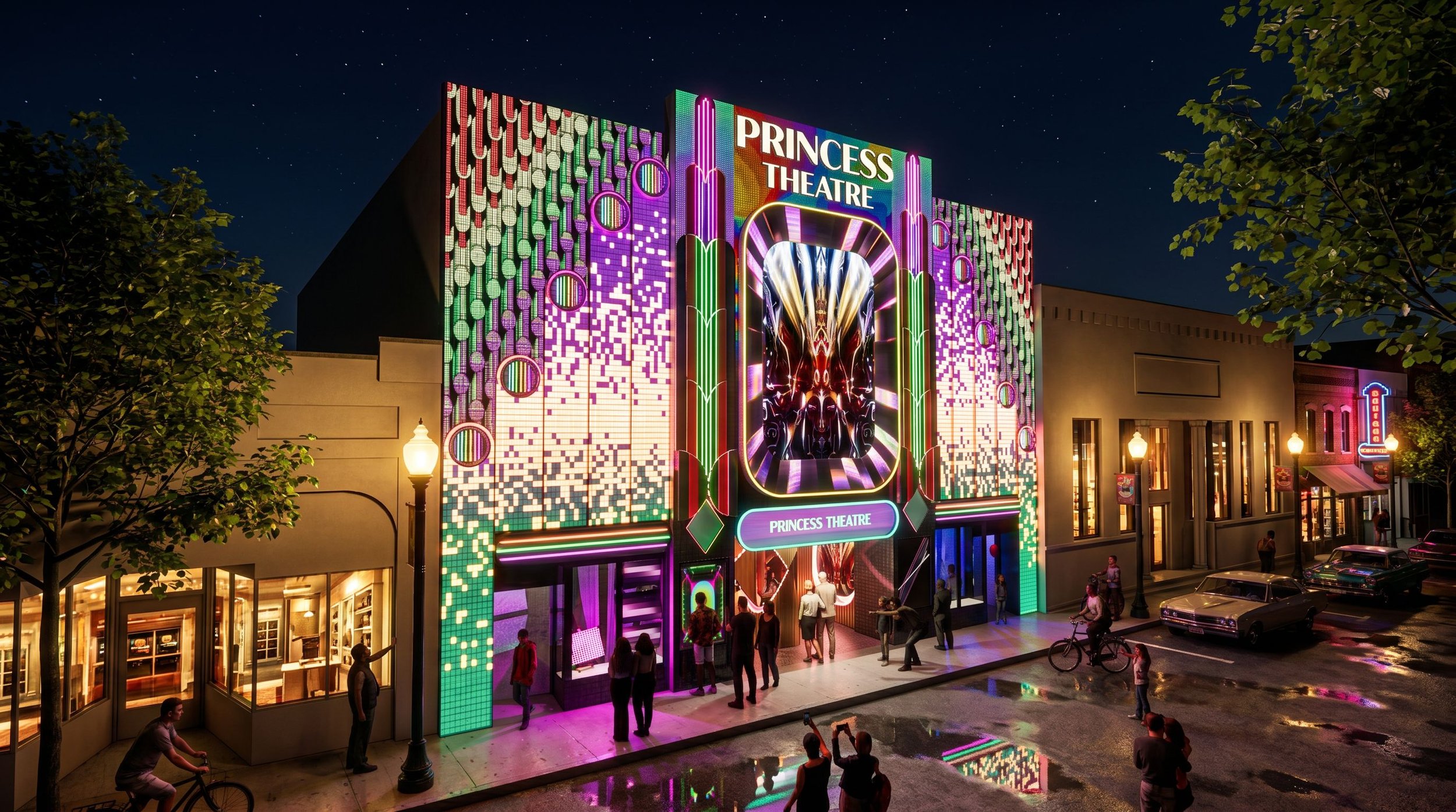 Colorful, illuminated exterior of the Princess Theatre at night with people walking and parked cars outside.