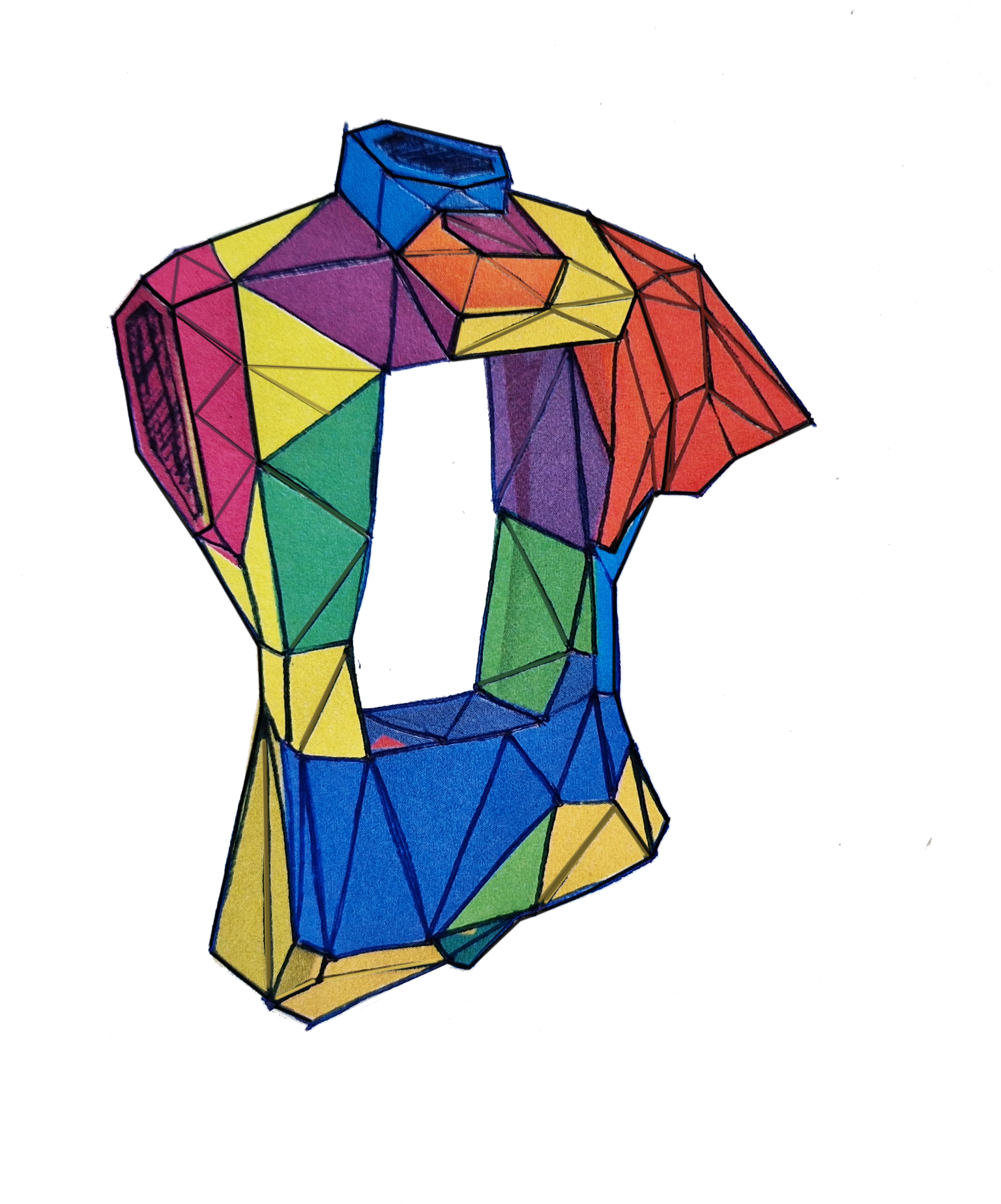 Colorful geometric illustration of a mannequin or dress form viewed from the side, with various colored polygonal segments.