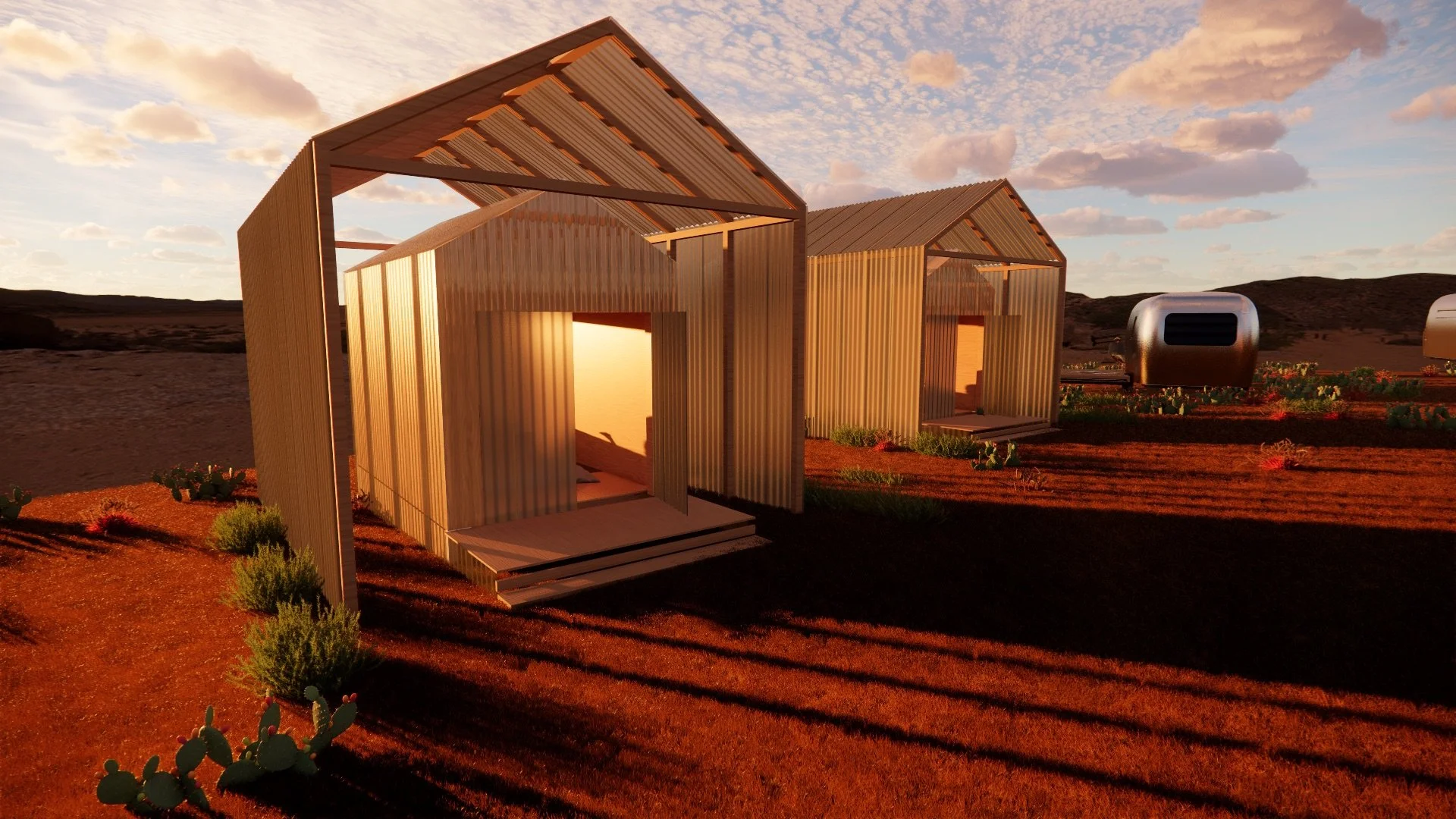 Modern tiny houses made of wood with metal roofs in a desert landscape, sunset lighting, with trailer homes in the background.