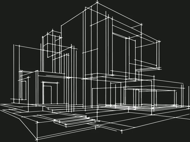 Architectural wireframe drawing of a modern multi-story building on a black background.