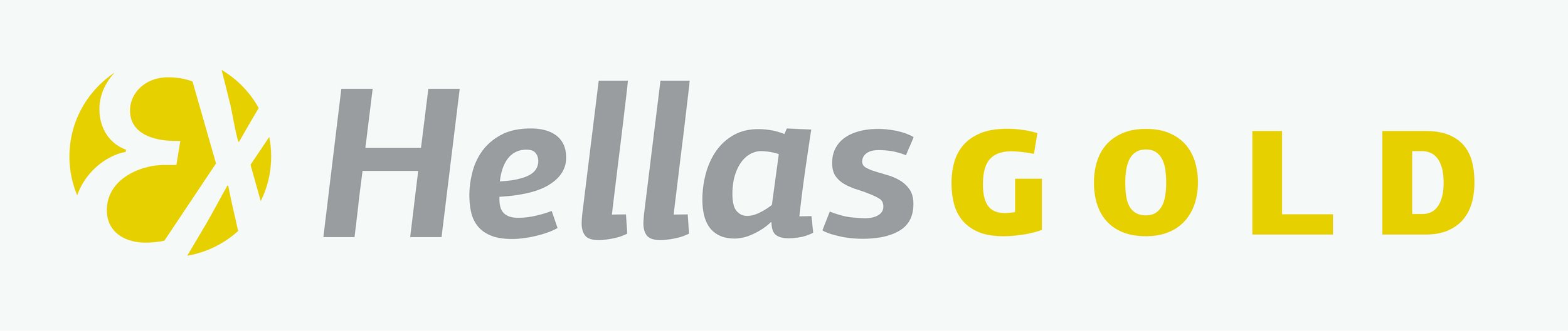 Logo with a yellow and gray design reading 'Hellas Gold' with a yellow abstract symbol to the left.