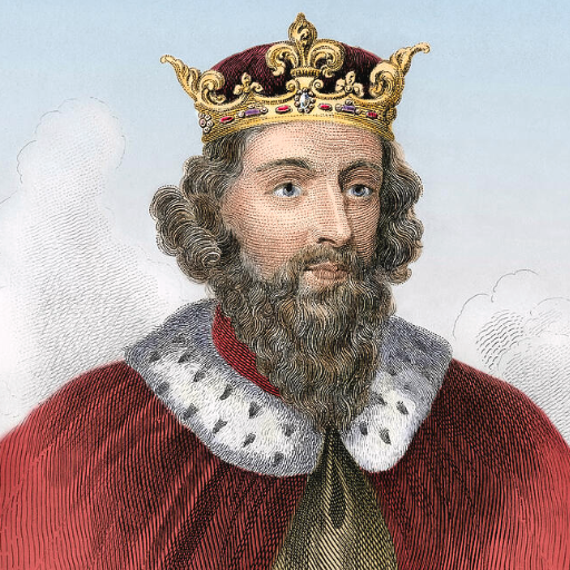A historical illustration of a king wearing a crown and red royal robe with fur trim.