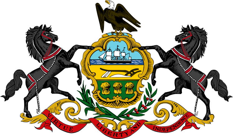 Pennsylvania state coat of arms featuring an eagle perched atop a shield with a ship, mountains, and wheat, flanked by black horses with red harnesses, and a red banner reading 'Virtue, Liberty, and Independence'.