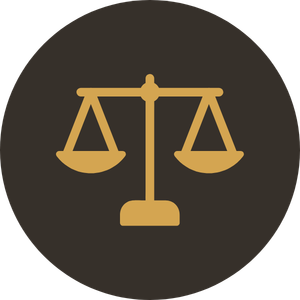 Icon of a balanced scale, symbolizing justice or fairness, on a dark circular background.