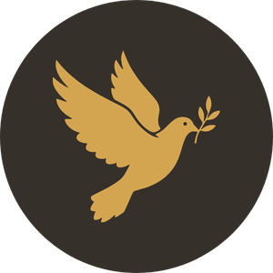 Gold dove with an olive branch inside a black circle