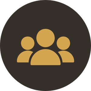 Icon of three people, representing a group or team, on a black circular background with gold-colored figures.