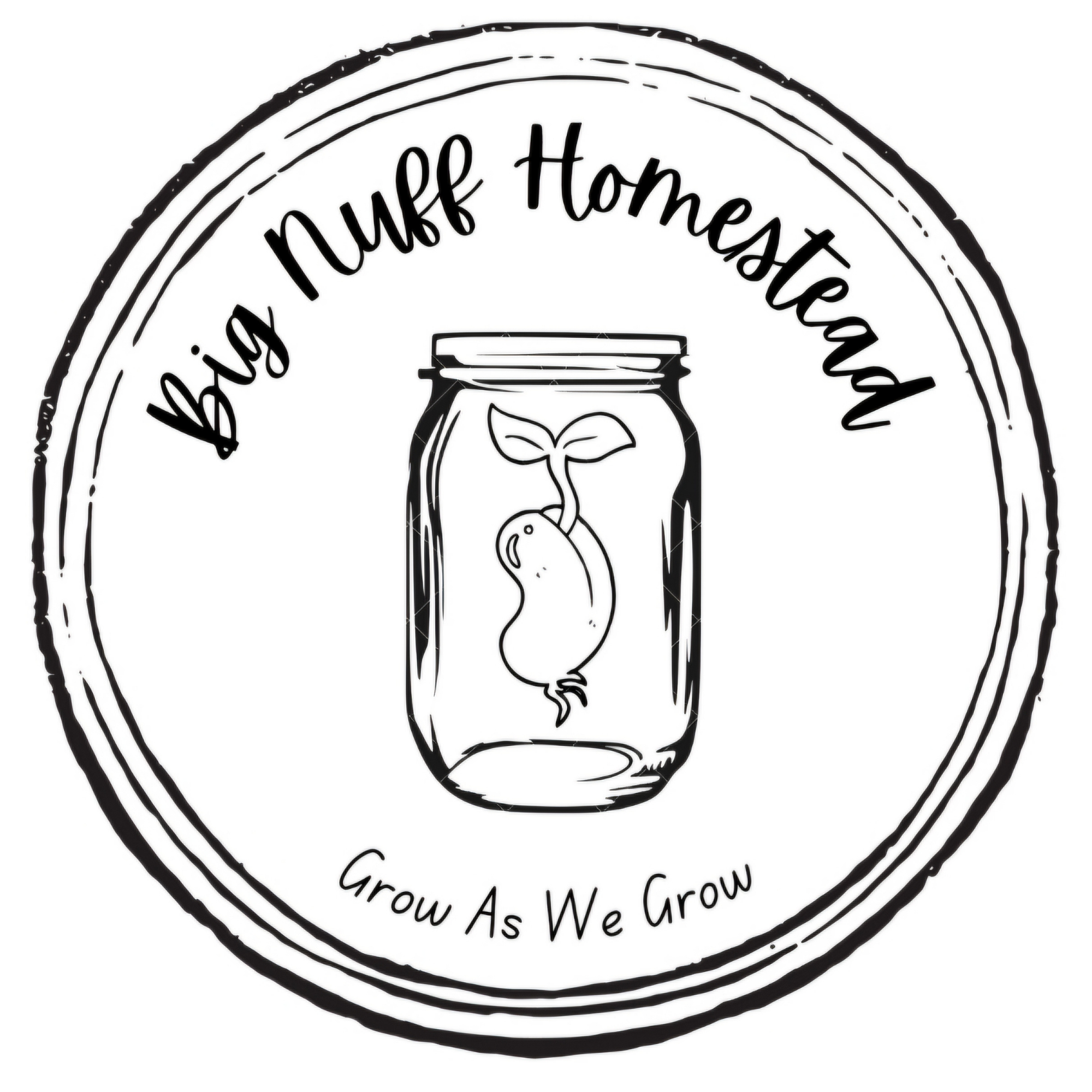 Circular logo with a jar of growth sprouts in the center, surrounded by handwritten text stating 'Grow As We Grow'.