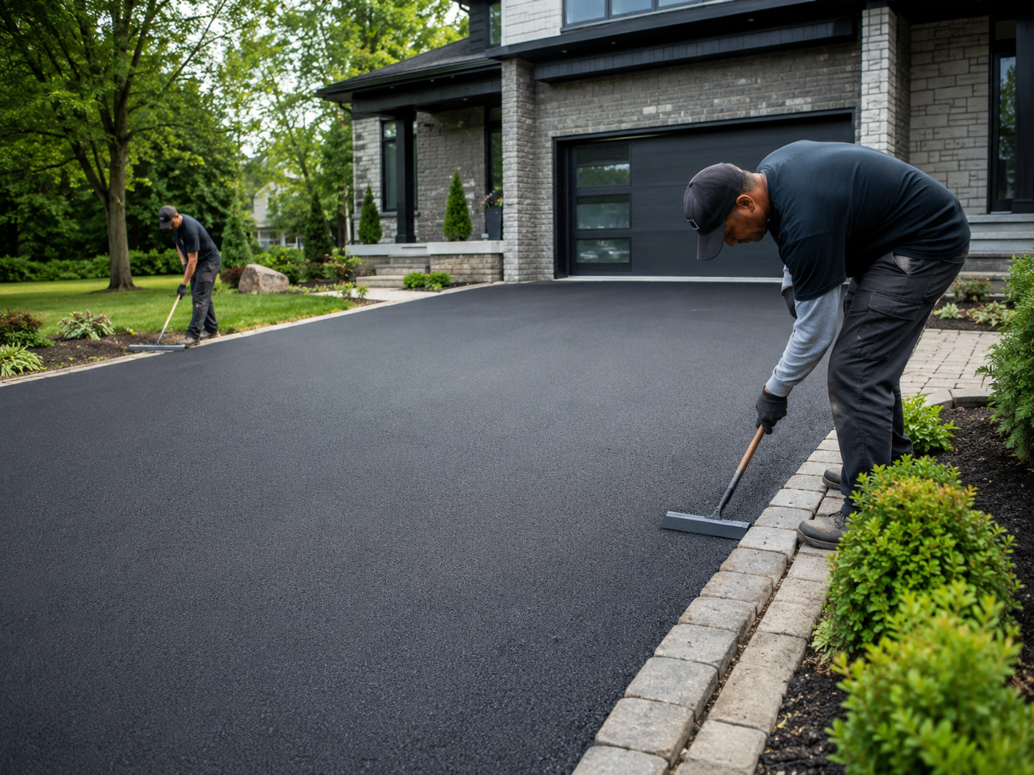 Deux hommes en noir et gris lissent une nouvelle voie d'asphalte devant une maison moderne avec un garage gris et un jardin bien entretenu.