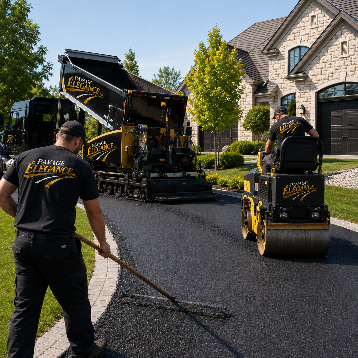 Travailleurs pavant une allée de maison avec une machine à revêtement noir, portant des t-shirts 'Pavage Élegance Inc.', pendant que le chauffeur opère la machine et un autre travaille avec une rouleuse à vendre, dans une maison résidentielle