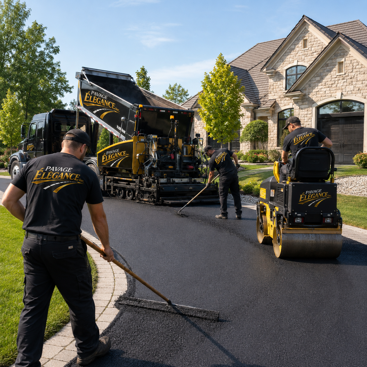 Équipe de travailleurs en uniforme appliquant de l'asphalte sur une route devant une maison en pierre, utilisant des rouleaux compresseurs et une machine à asphalt