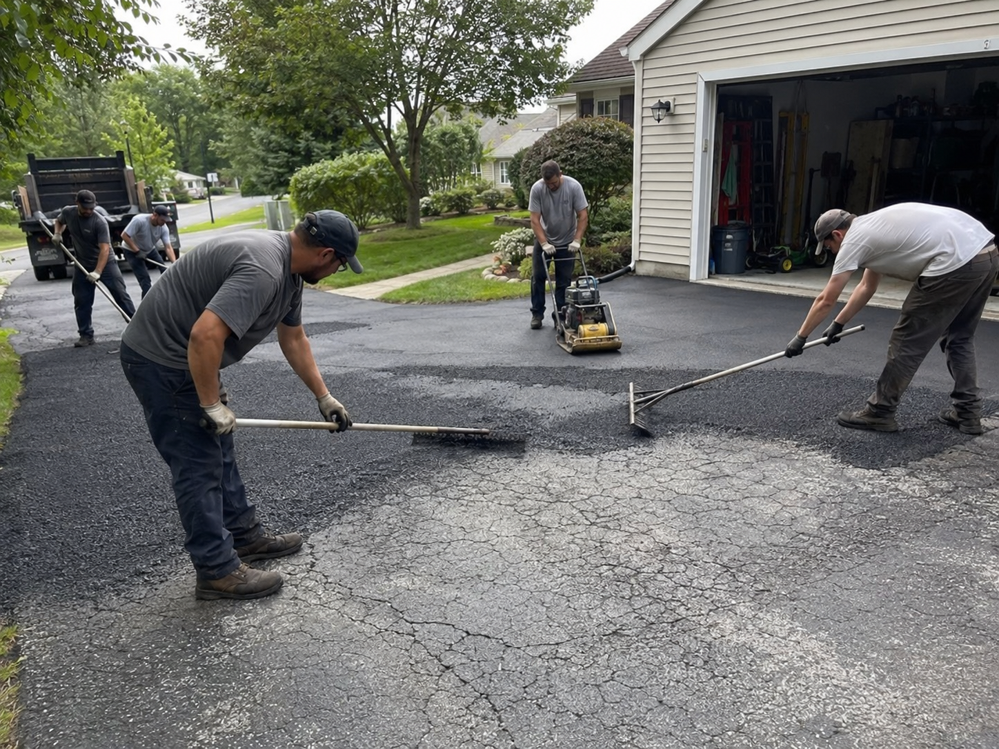 Groupe de cinq personnes en train de réparer et de resurfacer une allée de béton dans une cour résidentielle, avec un garage ouvert en arrière-plan.