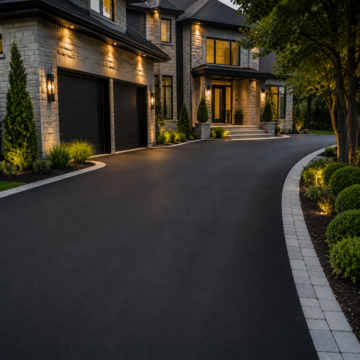 Extérieur d'une maison moderne au crépuscule avec éclairage extérieur, un chemin noir paved, pelouse et buissons éclairés, grande maison en pierre avec plusieurs fenêtres et un porche d'entrée.