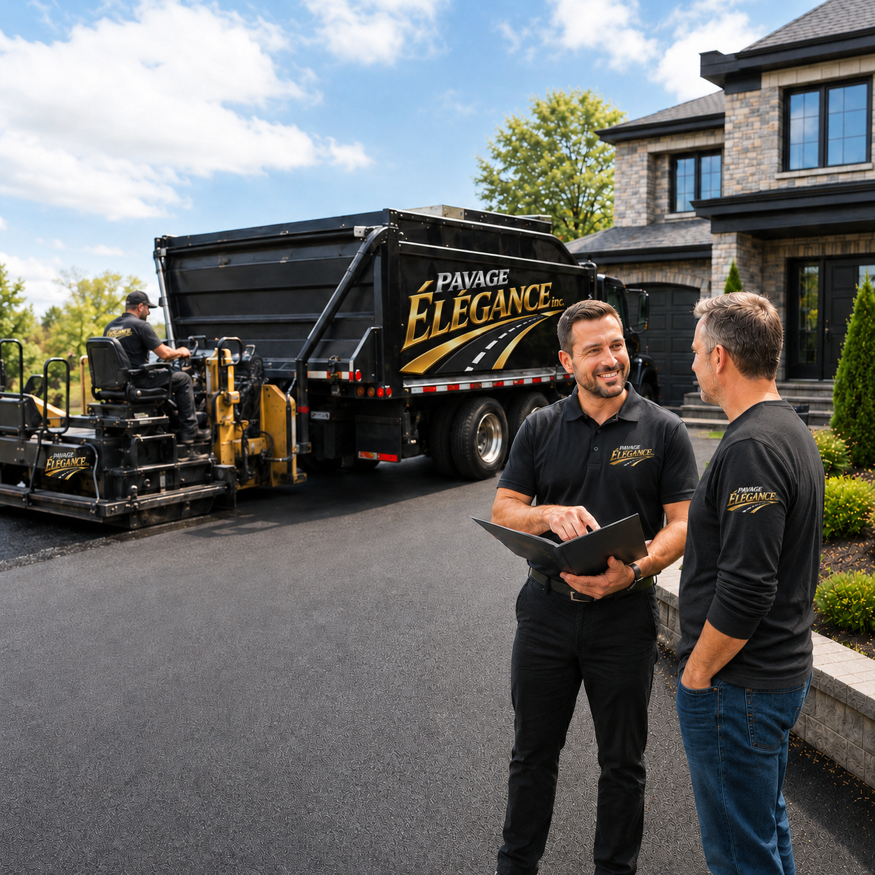 Deux hommes discutent devant une maison après un pavage avec une machine d'asphaltage. Un camion de pavage noir avec le logo "Pavage Élégance" est en arrière-plan.