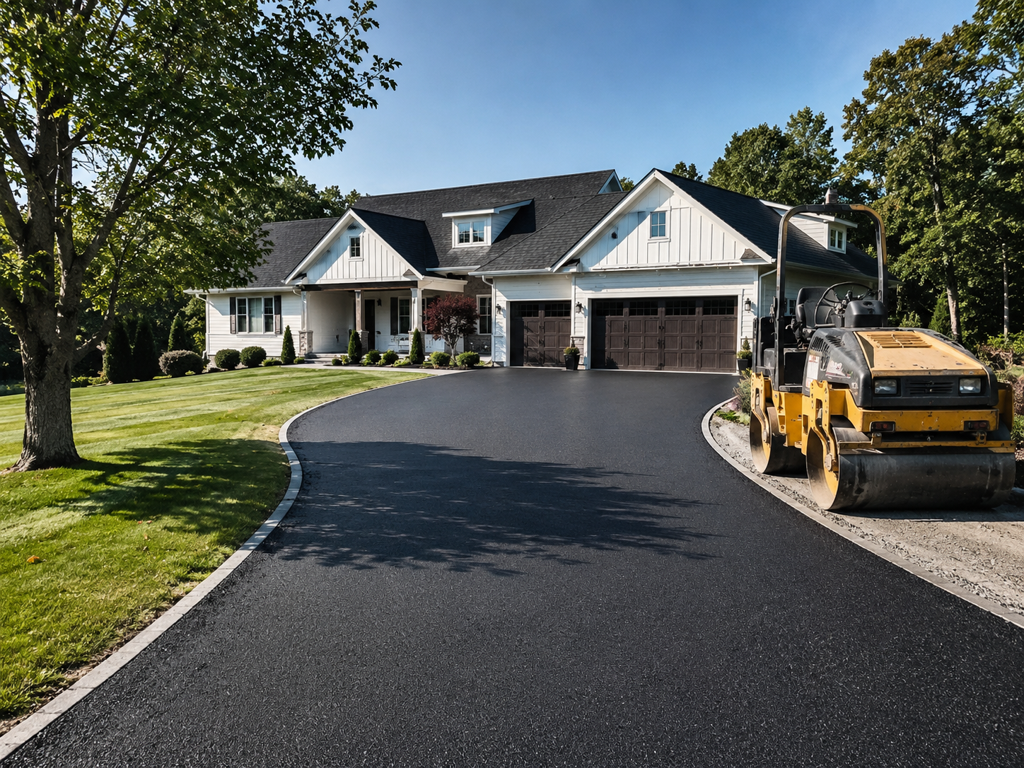 Une maison moderne avec un jardin bien entretenu, une allée asphaltée en cours de finition avec une plaque de rue en forme de cercle, et un rouleau compresseur sur le côté droit en train de travailler sur la nouvelle surface.
