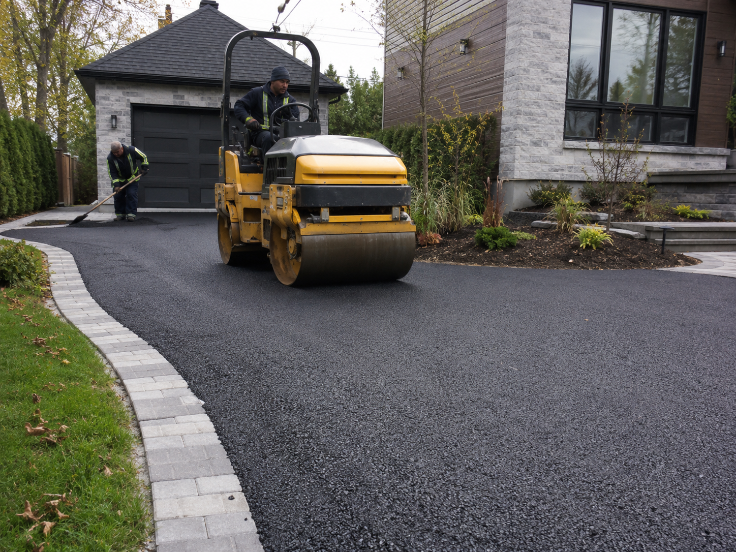 Deux ouvriers asphaltent une allée devant une maison moderne avec façade en pierre et bois, utilisant une rouleuse-compresseuse et une pelle.