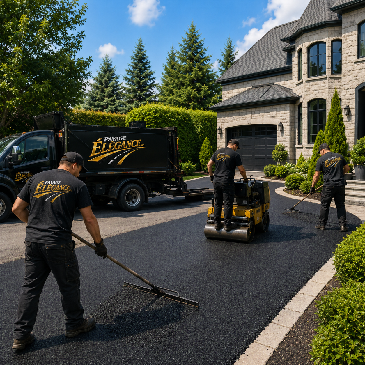 Trois employés en uniformes posant pour une photo devant une maison en train d'asphaltier une route. La maison en pierre avec un garage noir est visible à l'arrière-plan, entourée de verdure et de grands arbres.