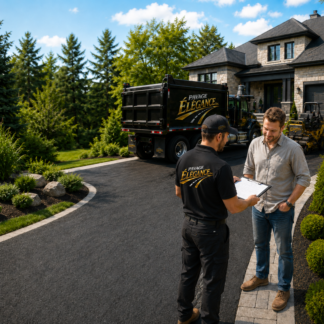 Deux hommes discutent devant une maison neuve, avec une camionnette et des machines de pavage en arrière-plan, dans une allée pavée entourée de végétation.