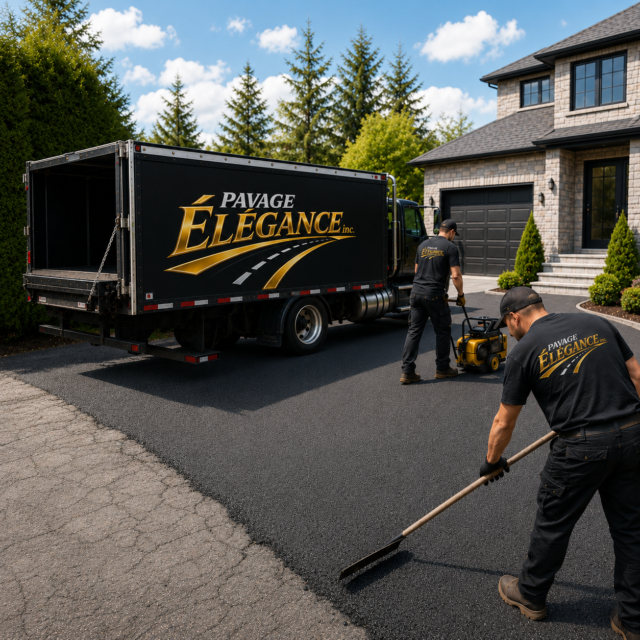 Deux travailleurs en uniformes noirs portant le logo 'Pavage Élégance' installent une nouvelle couche d'asphalte sur une allée résidentielle devant une maison avec un garage noir et des buissons verts. Le camion de l'entreprise est garé à côté, avec un ciel bleu et quelques nuages.