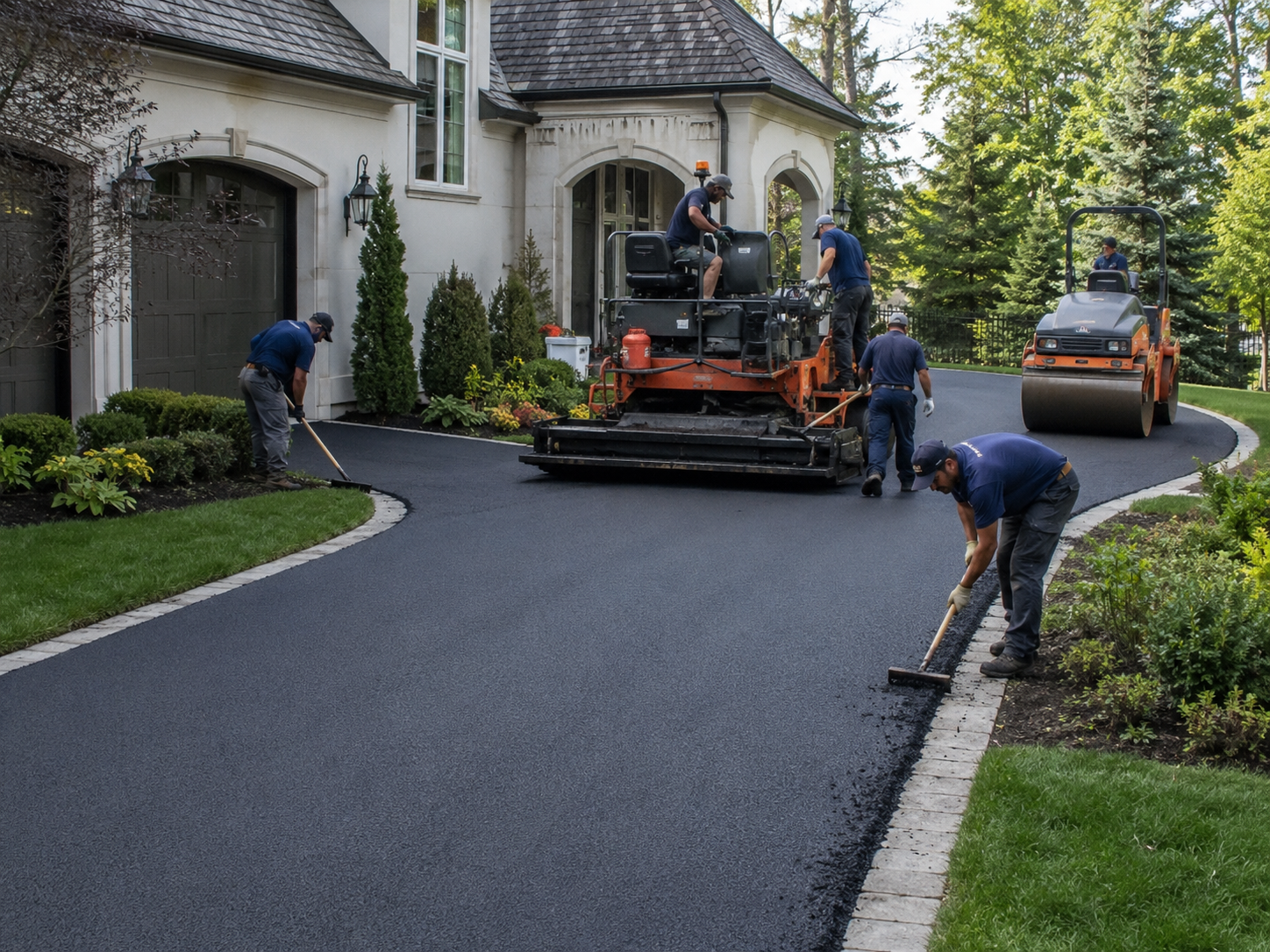Travail de réparation d'une route devant une maison, avec plusieurs ouvriers utilisant des outils et des machines de pavage.