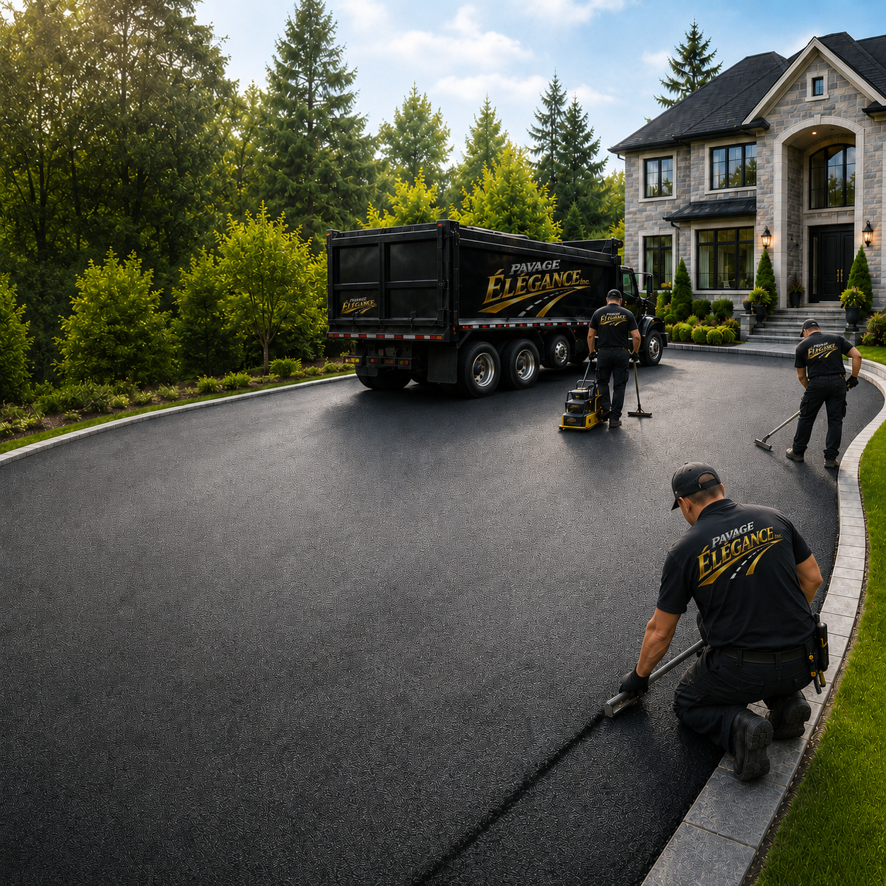 Une équipe de travailleurs pose de l'asphalte neuf devant une grande maison moderne entourée d'arbres, avec un camion de pavage noir portant le logo 'Pavage Élégance Inc.'.