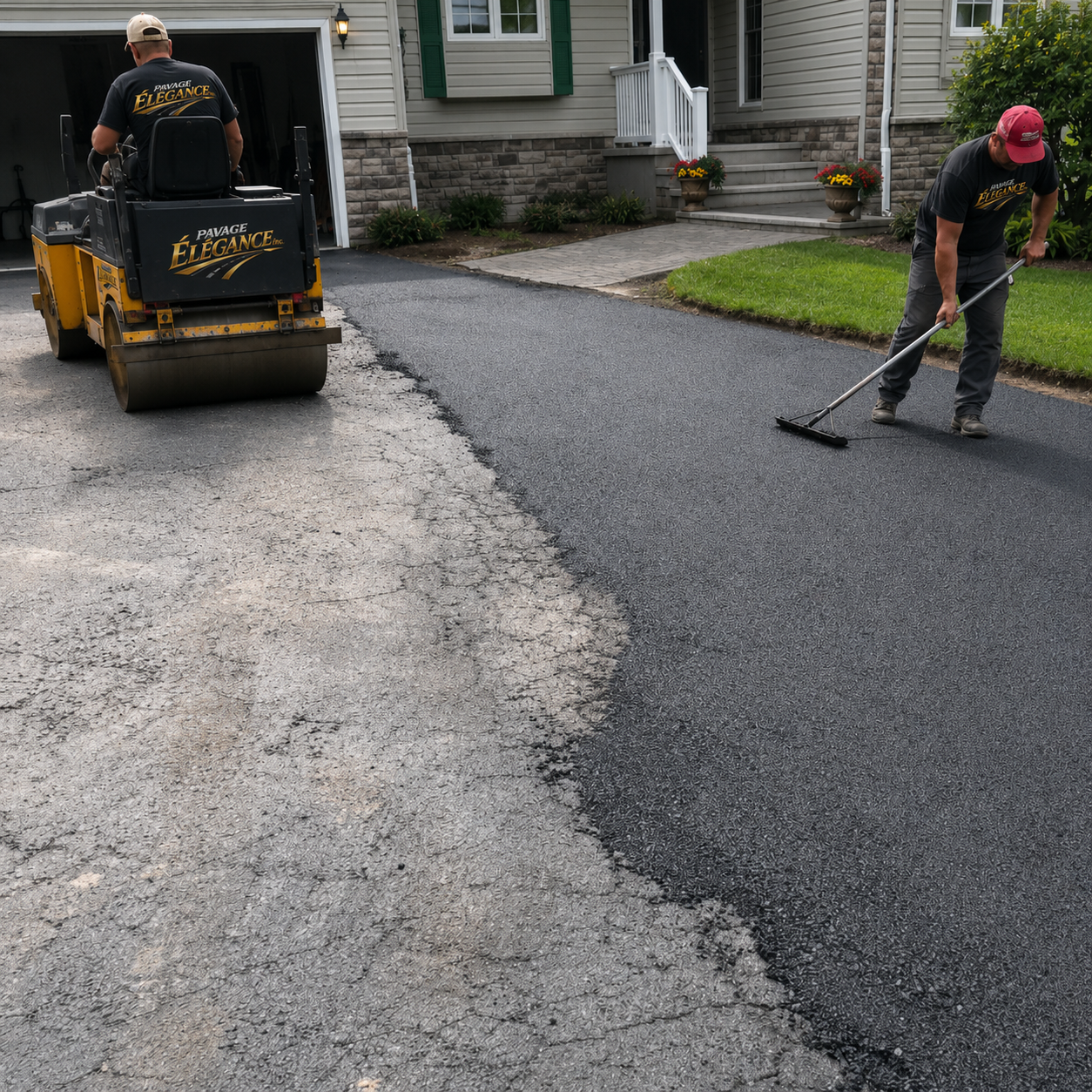 Deux ouvriers réalisant une nouvelle couche d'enrobé sur une route devant une maison, avec un rouleau compresseur et une pelle.