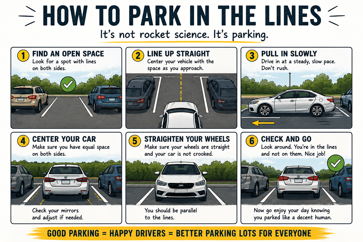 An illustrated guide titled 'How to Park in the Lines: It's not rocket science. It's parking.' with six steps for proper parking. Step 1: Find an open space with lines on both sides, illustrated with two cars parked in a parking lot. Step 2: Line up straight, with a white car centered between the lines. Step 3: Pull in slowly, shown with a car parking at a steady, slow pace. Step 4: Center your car, ensuring equal space on both sides, shown with a car properly aligned between lines. Step 5: Straighten your wheels so the car is parallel to the lines and not crooked. Step 6: Check and go, with the car parked between lines and a green checkmark indicating proper parking. The bottom of the image features a yellow band with the text 'Good parking = happy drivers = better parking lots for everyone'.