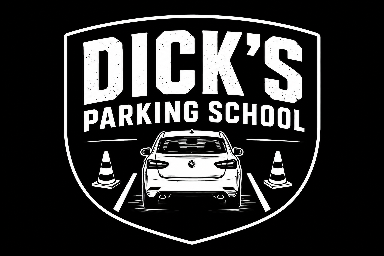 Logo for Dick's Parking School featuring a car and traffic cones.