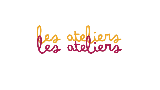 Logo coloré avec le texte 'les ateliers' écrit en cursive dans différentes couleurs et styles, avec des éléments décoratifs