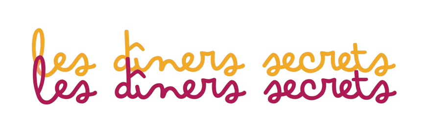 Texte en cursive disant 'les dîner secrets' en deux couleurs, orange et fuchsia.