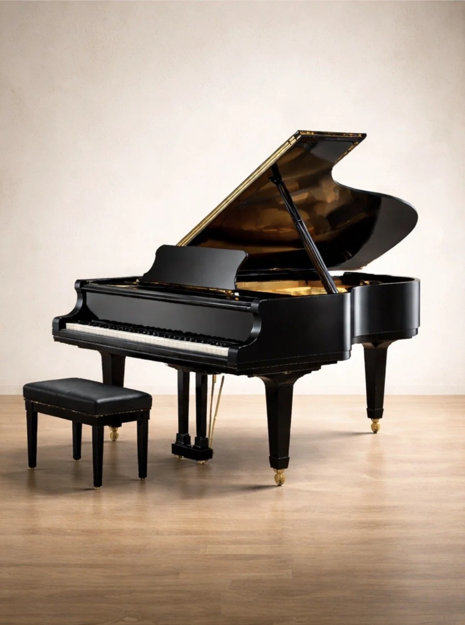 Black grand piano with matching bench on a wooden floor against a plain wall