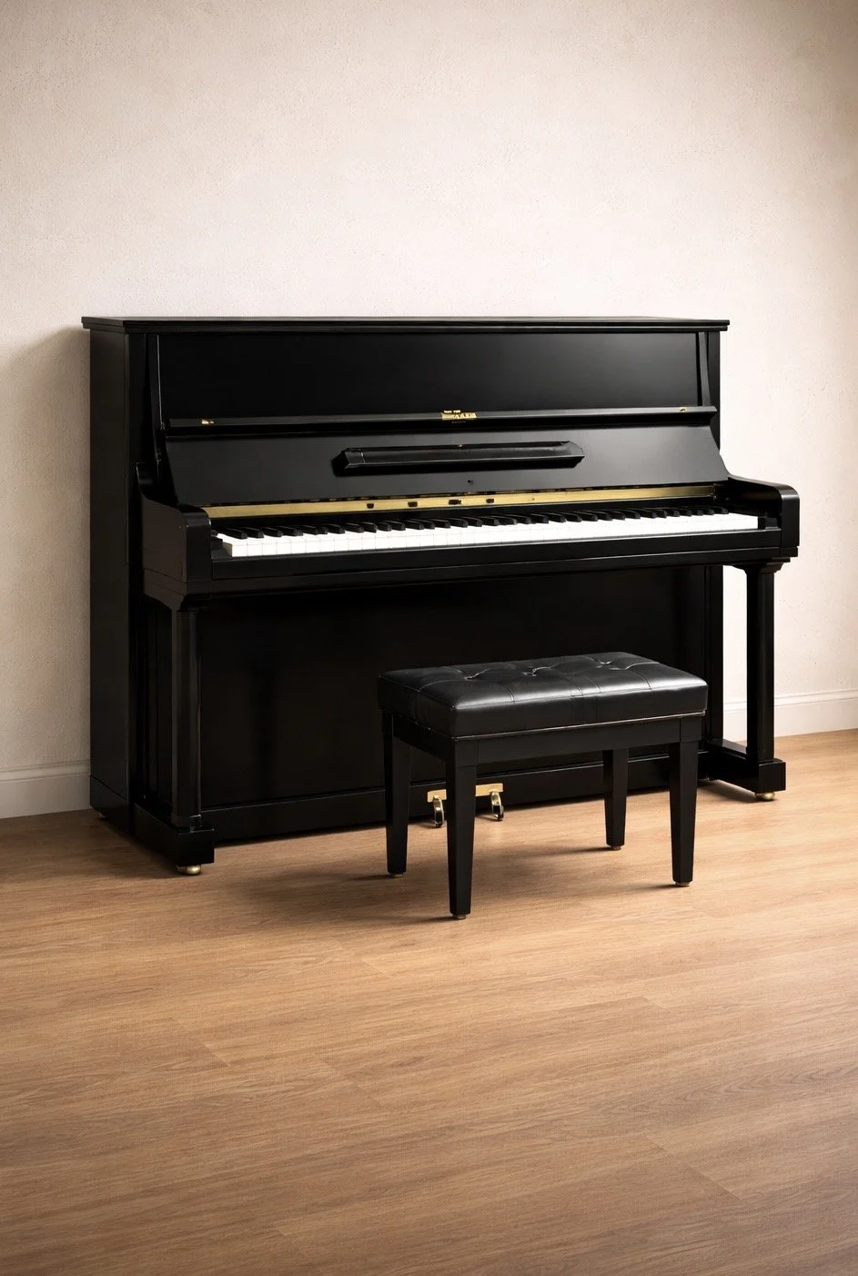 Black upright piano with a matching black bench against a plain light-colored wall in a room with wooden flooring.