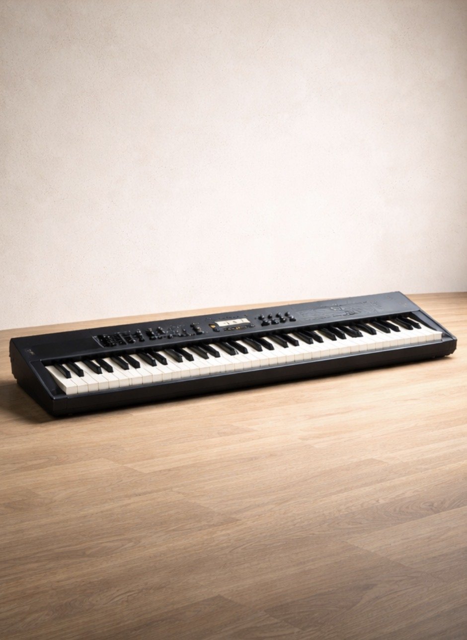 A black electronic keyboard with white and black keys, placed on a wooden surface against a plain light-colored wall.