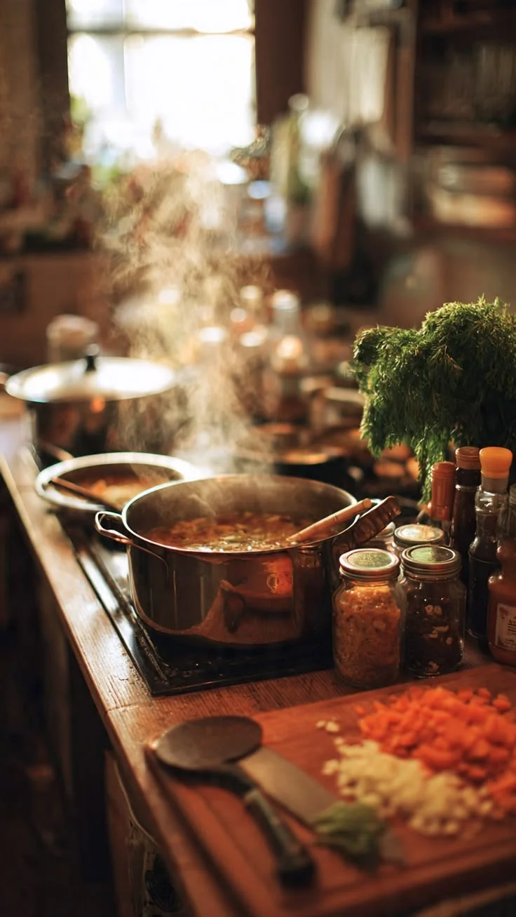 A rustic kitchen with steaming pots on the stove, fresh herbs, various spices, and chopped vegetables on a wooden countertop.