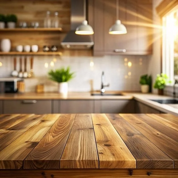 Close-up of a wooden kitchen countertop with a modern kitchen in the background, featuring hanging lights, open shelves, potted plants, and sunlight coming through a window.